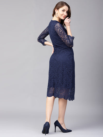 Athena Women Navy Blue Lace Sheath One Piece Dress - Athena Lifestyle