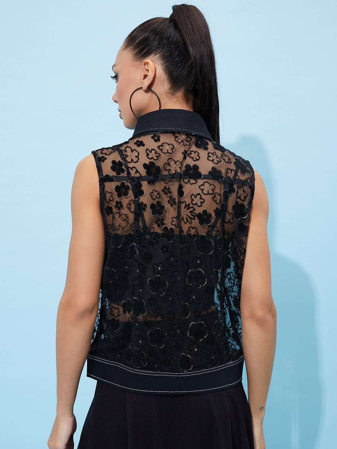 Athena Black Floral Sheer Net Shirt Sleeveless Style Denim Top - Athena Lifestyle