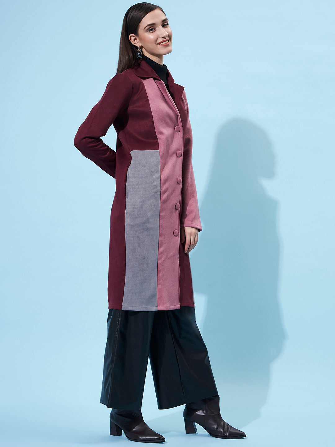 Athena Women Brown & Pink Colourblocked Longline Suede Trench Coat - Athena Lifestyle