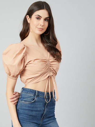 Athena Beige-Coloured Puff Sleeves Pure Cotton Fitted Crop Top - Athena Lifestyle