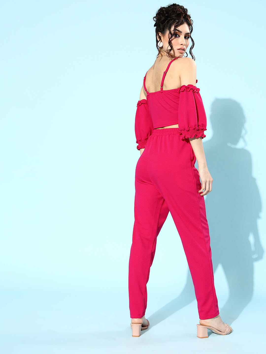 Athena Women Pink Self-Design Off-Shoulder Top with Trousers - Athena Lifestyle