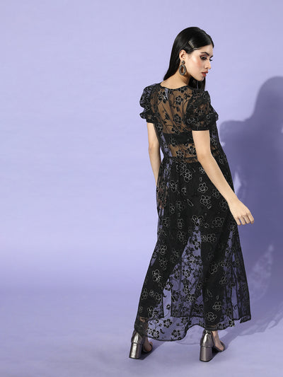 Athena Women Stylish Black Floral Transparent Touch Dress - Athena Lifestyle