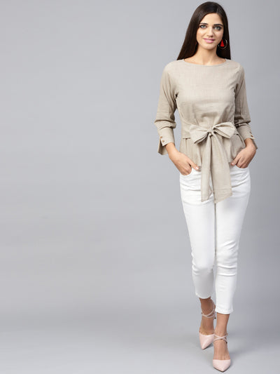 Athena Women Beige Solid Pure Cotton Top with Tie-Up - Athena Lifestyle