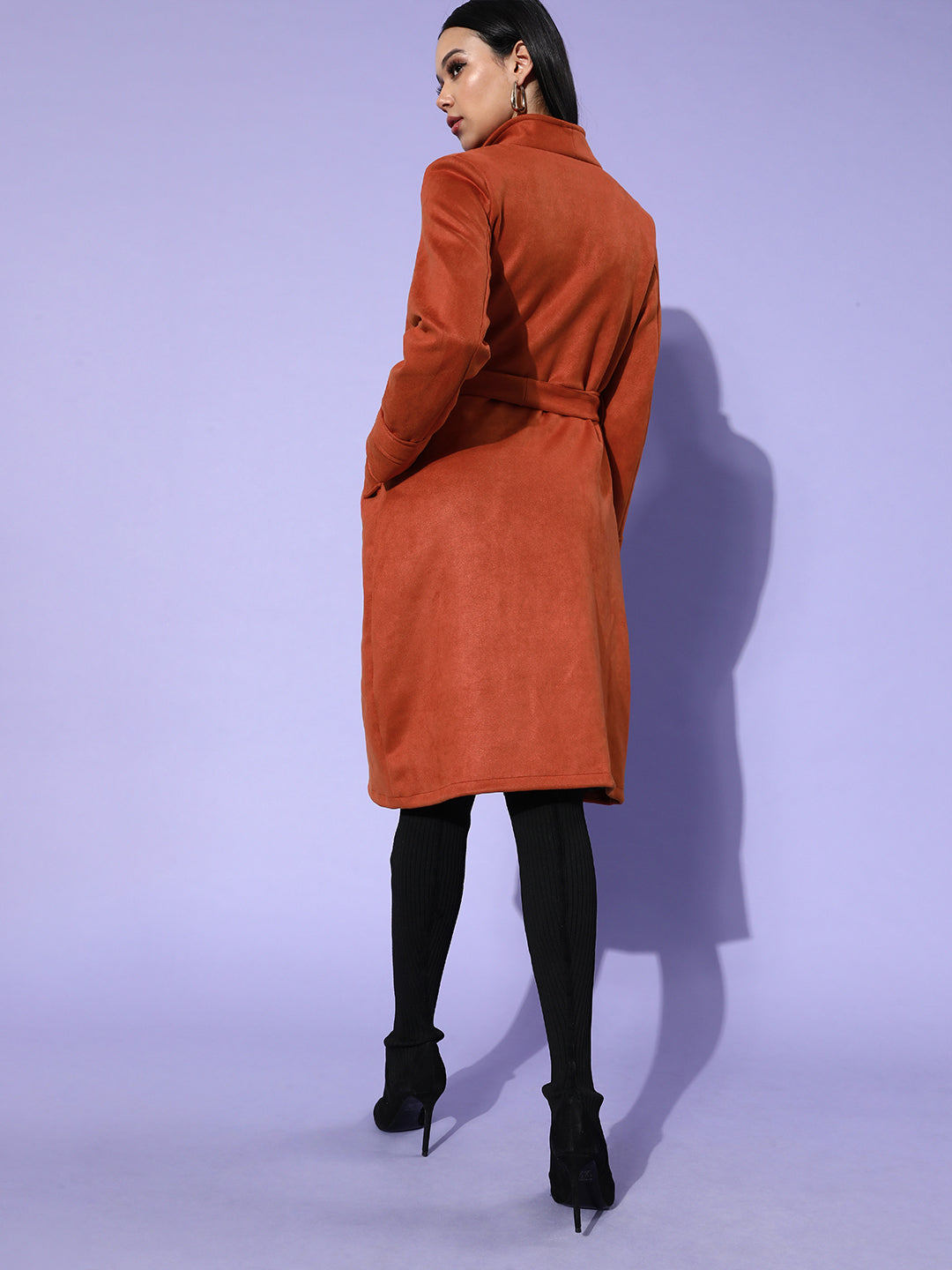 Athena Rust coat with waist Tie-up belt and pocket details - Athena Lifestyle