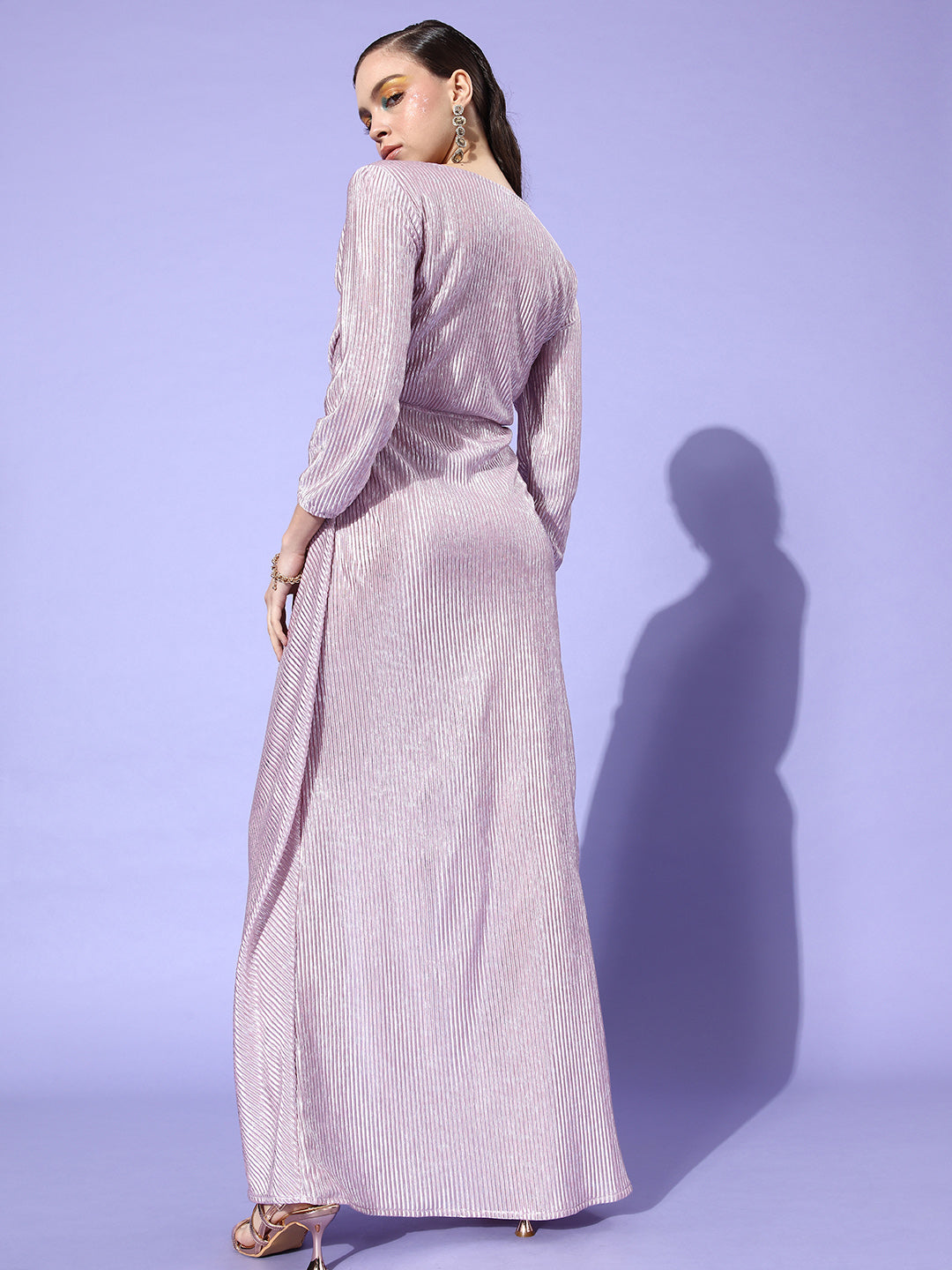 Athena Lavender Accordion Pleats High-Slit Twisted Detail Maxi Dress - Athena Lifestyle