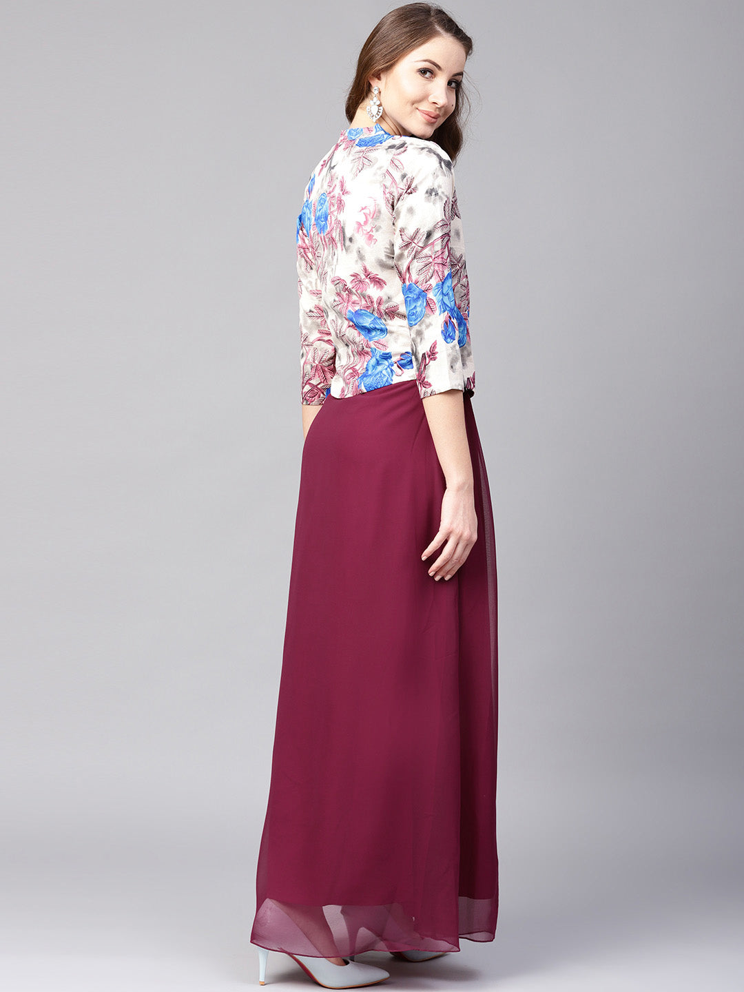 Athena Burgundy Mandarin Collar Maxi Full Length Dress - Athena Lifestyle