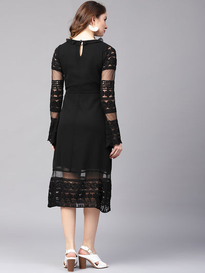 Athena Women Black Lace Solid Detail Midi Sheath Dress - Athena Lifestyle