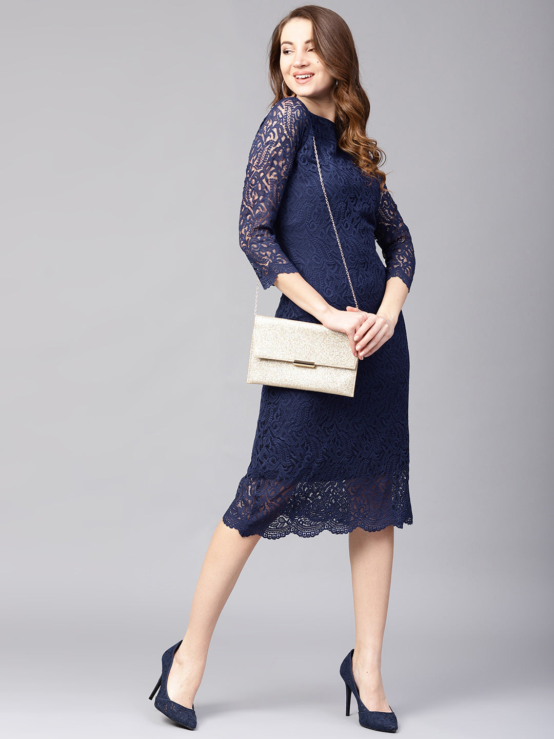 Navy blue lace sheath shops dress