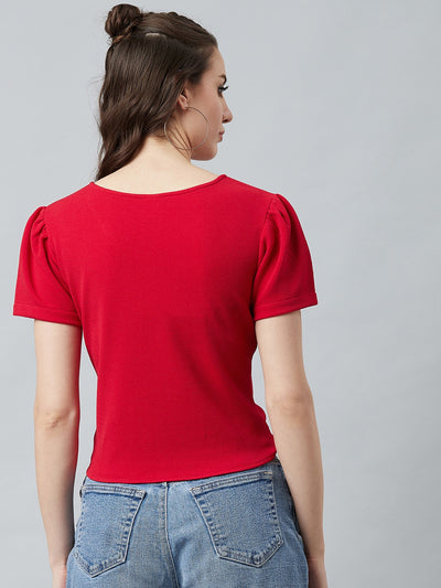 Athena Red Knotted Top With Puff Sleeves - Athena Lifestyle