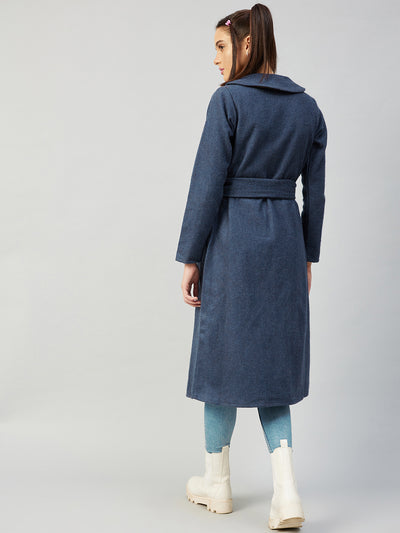 Athena Women Blue Solid Woolen Longline Wrap Coat - Athena Lifestyle