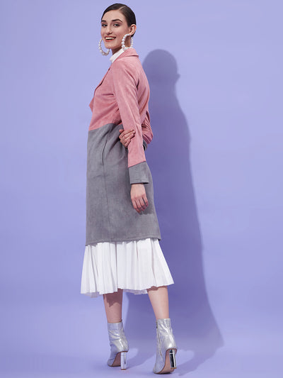 Athena Women Pink & Grey Colorblocked Longline Overcoat - Athena Lifestyle