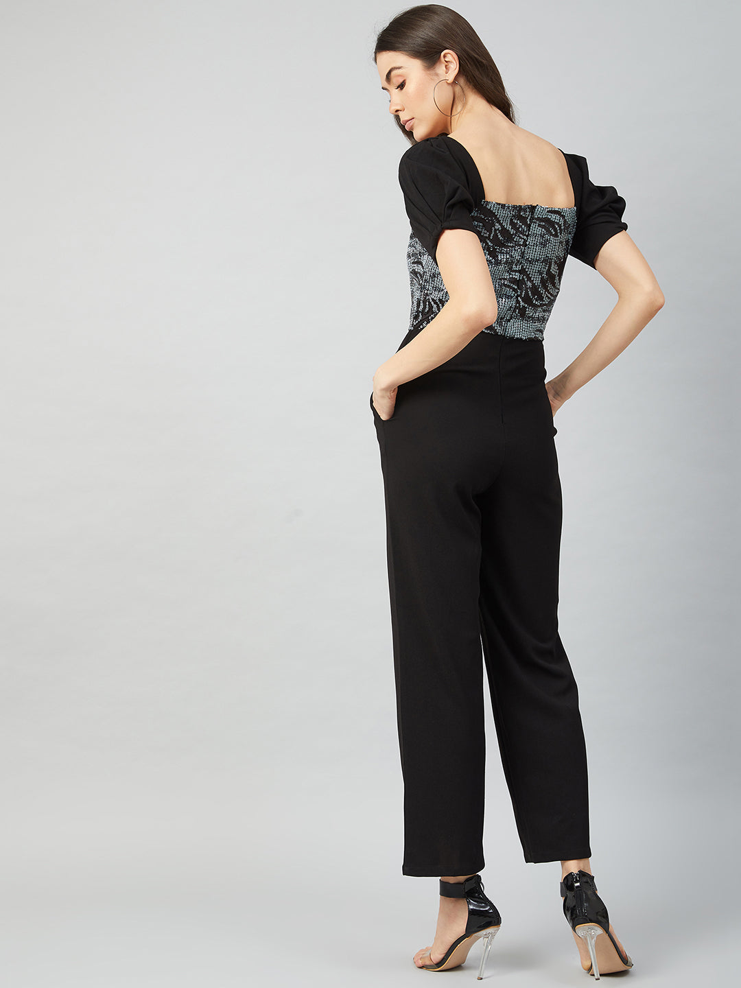 Athena Black & Silver-Toned Printed Basic Jumpsuit with Embellished - Athena Lifestyle