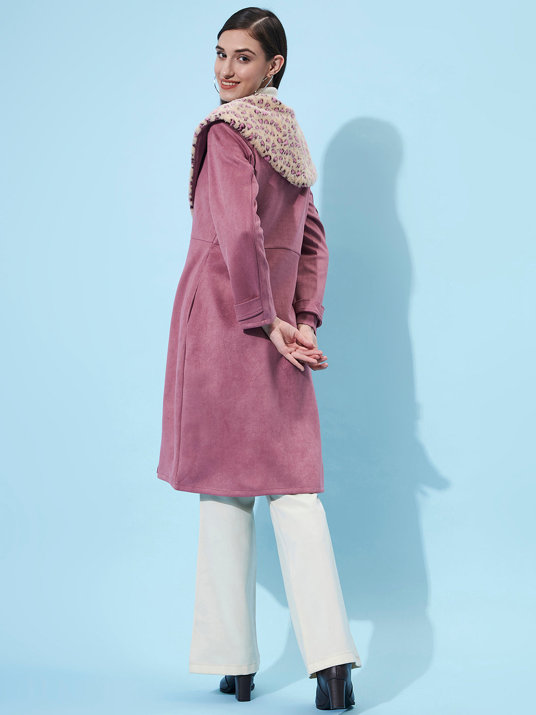 Athena Women Pink Fur Collar Longline Overcoat - Athena Lifestyle