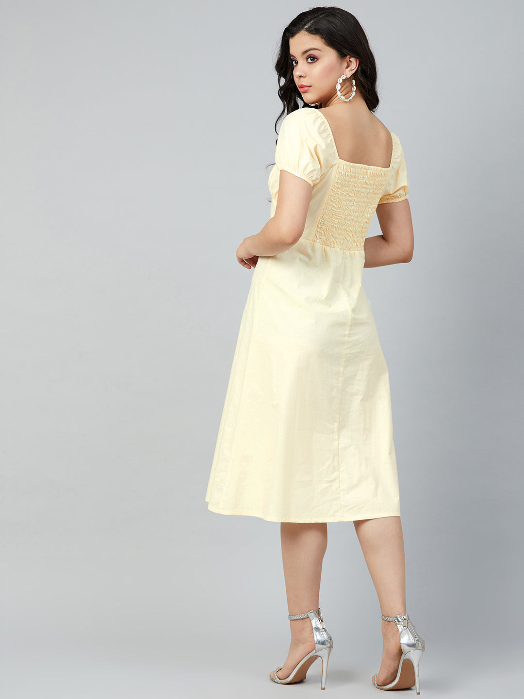 Athena Women Yellow Solid Cotton A-Line Dress with Gathers - Athena Lifestyle