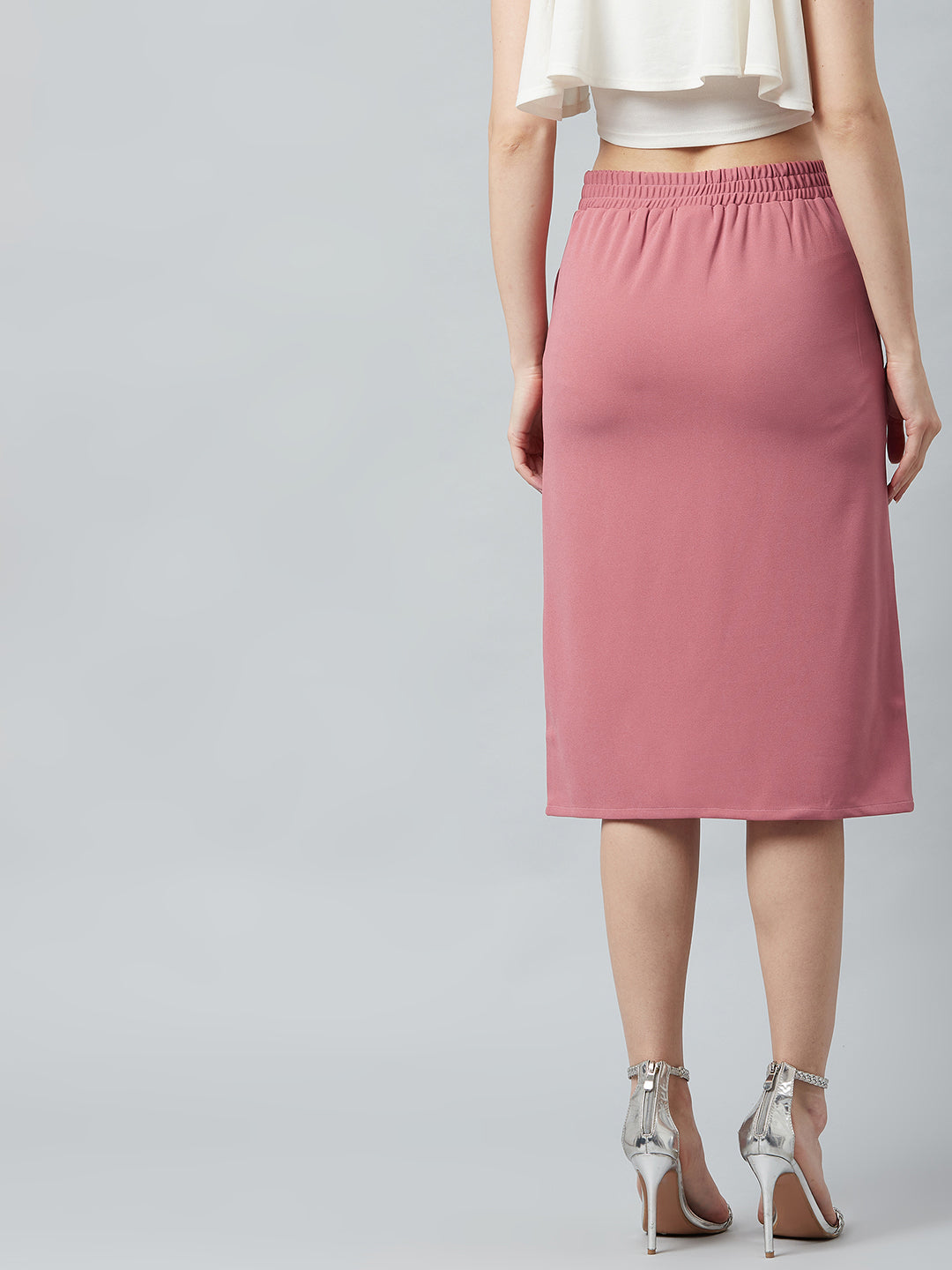 Athena Women Pink Solid Midi Pencil Skirt - Athena Lifestyle