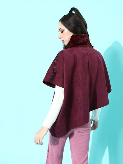 Athena Burgundy Handkerchief style poncho jacket with Fur neckline - Athena Lifestyle
