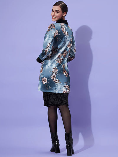 Athena Women Blue Floral Printed Double-Breasted Trench Coat - Athena Lifestyle