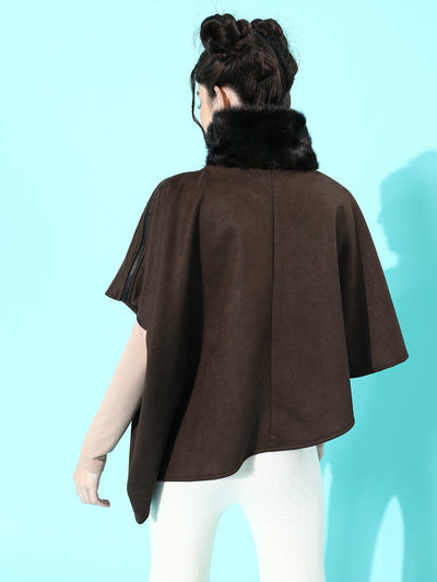 Athena Brown Handkerchief style poncho jacket with Fur neckline - Athena Lifestyle