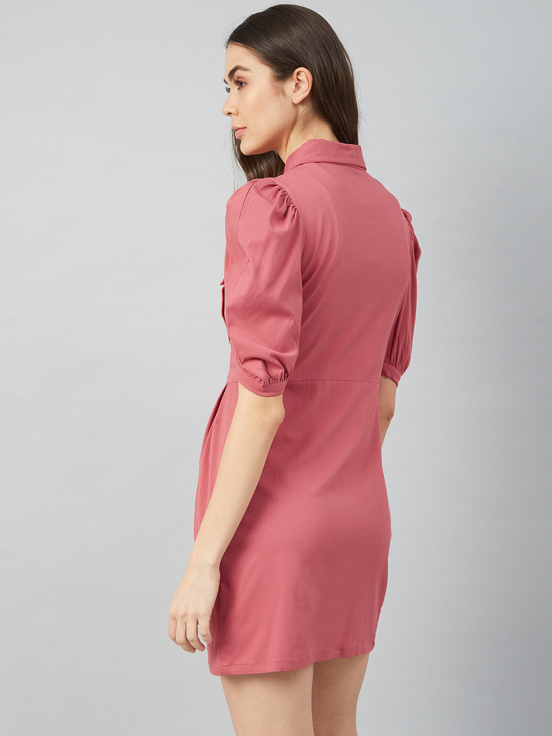 Athena Women Pink Solid Puff Sleeves Shirt Dress with Pockets Detail - Athena Lifestyle