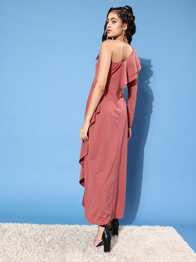 Athena Dusty Pink Solid One Shoulder Ruffled Detail Maxi Dress - Athena Lifestyle