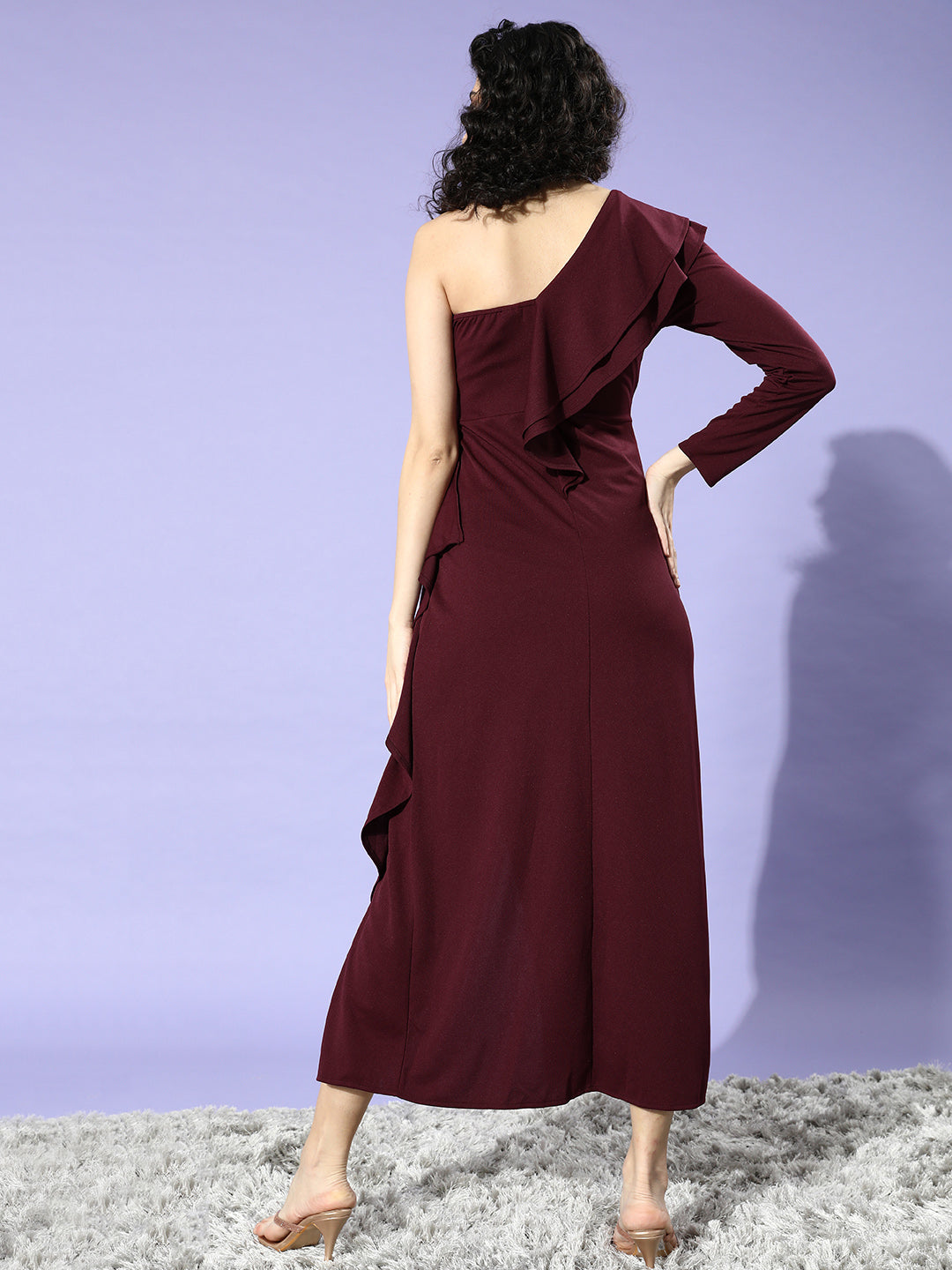 Athena Burgundy Solid One Shoulder Ruffles Detail Maxi Dress - Athena Lifestyle