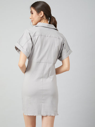 Athena Women Grey Solid Frayed Denim Shirt Dress - Athena Lifestyle