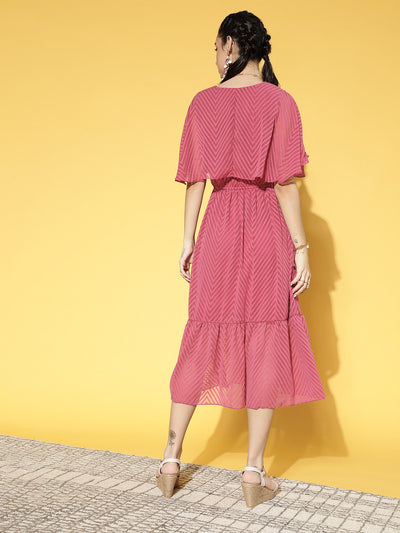 Athena Guava Pink zigzag dobby georgette v neck flair dress - Athena Lifestyle