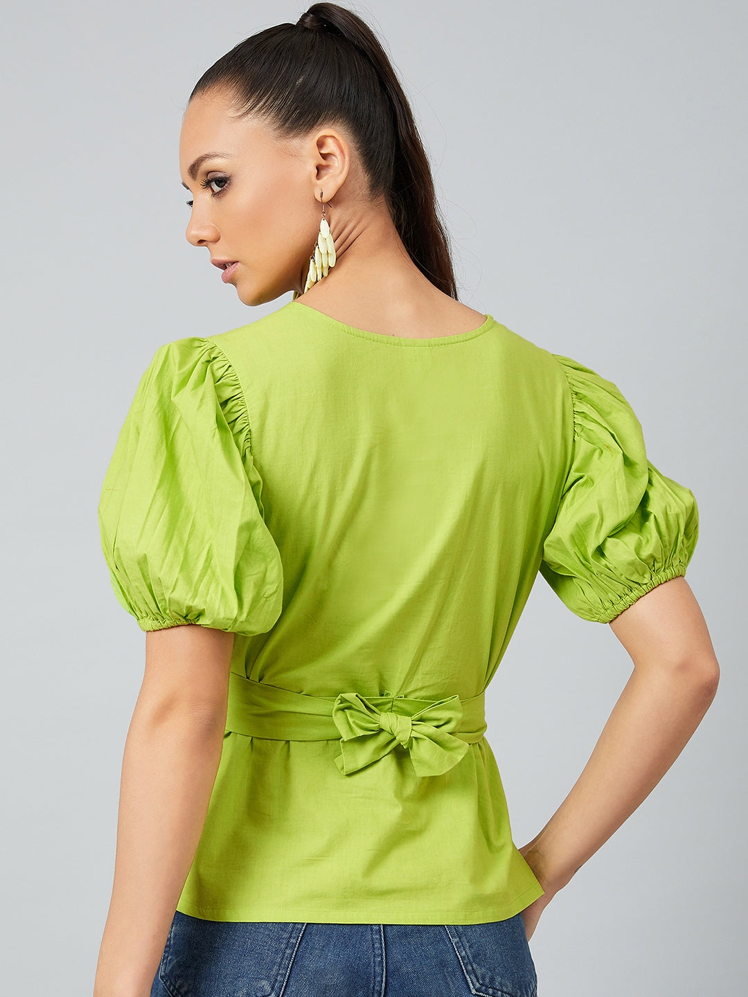 Athena Lime Green Knotted Wrap Top With Puffed Sleeves - Athena Lifestyle