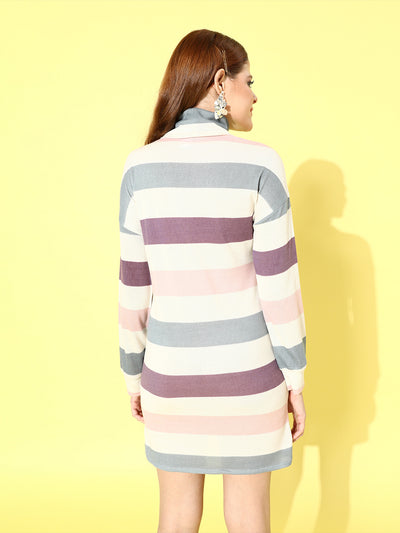 Athena White & Grey Striped Woollen Sweater Dress - Athena Lifestyle