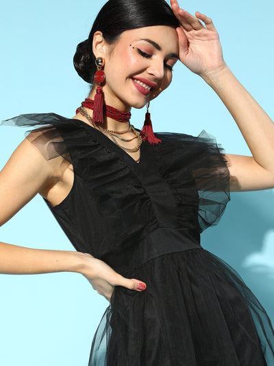 Athena Black V Neck frill tulle dress - Athena Lifestyle