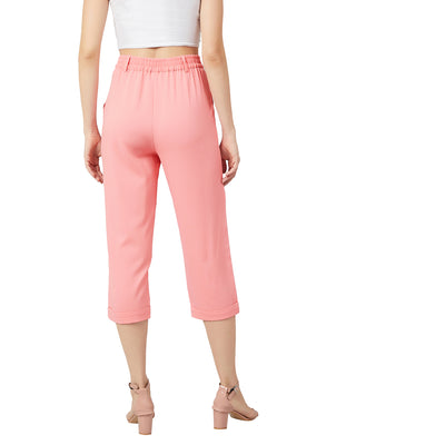 Athena Women Peach-Coloured Loose Fit Solid Regular Trousers - Athena Lifestyle