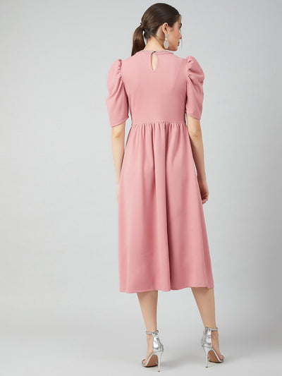Athena Women Pink Solid Fit and Flare Dress - Athena Lifestyle