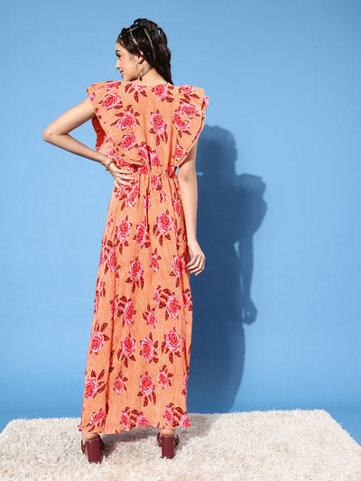 Athena Peach-Coloured & Pink Flutter Sleeves Floral Maxi Dress - Athena Lifestyle