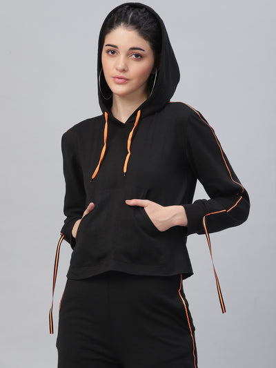 Athena Women Black Solid Hooded Sweatshirt - Athena Lifestyle