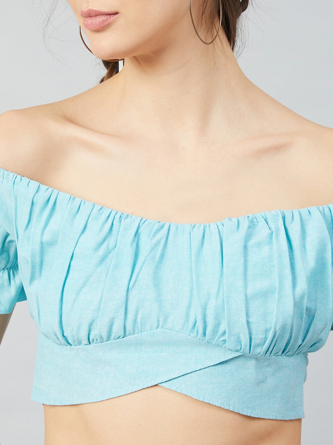 Athena Women Blue Off-Shoulder Puff Sleeves Linen Bardot Crop Top - Athena Lifestyle