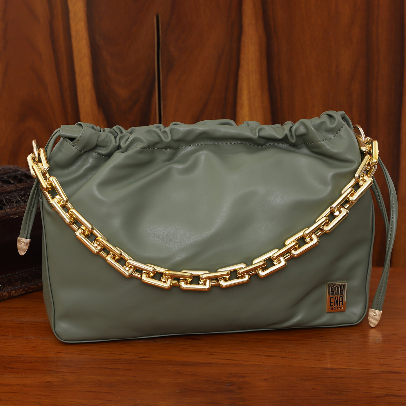 Athena Green Solid Clutch With Metallic Sling - Athena Lifestyle