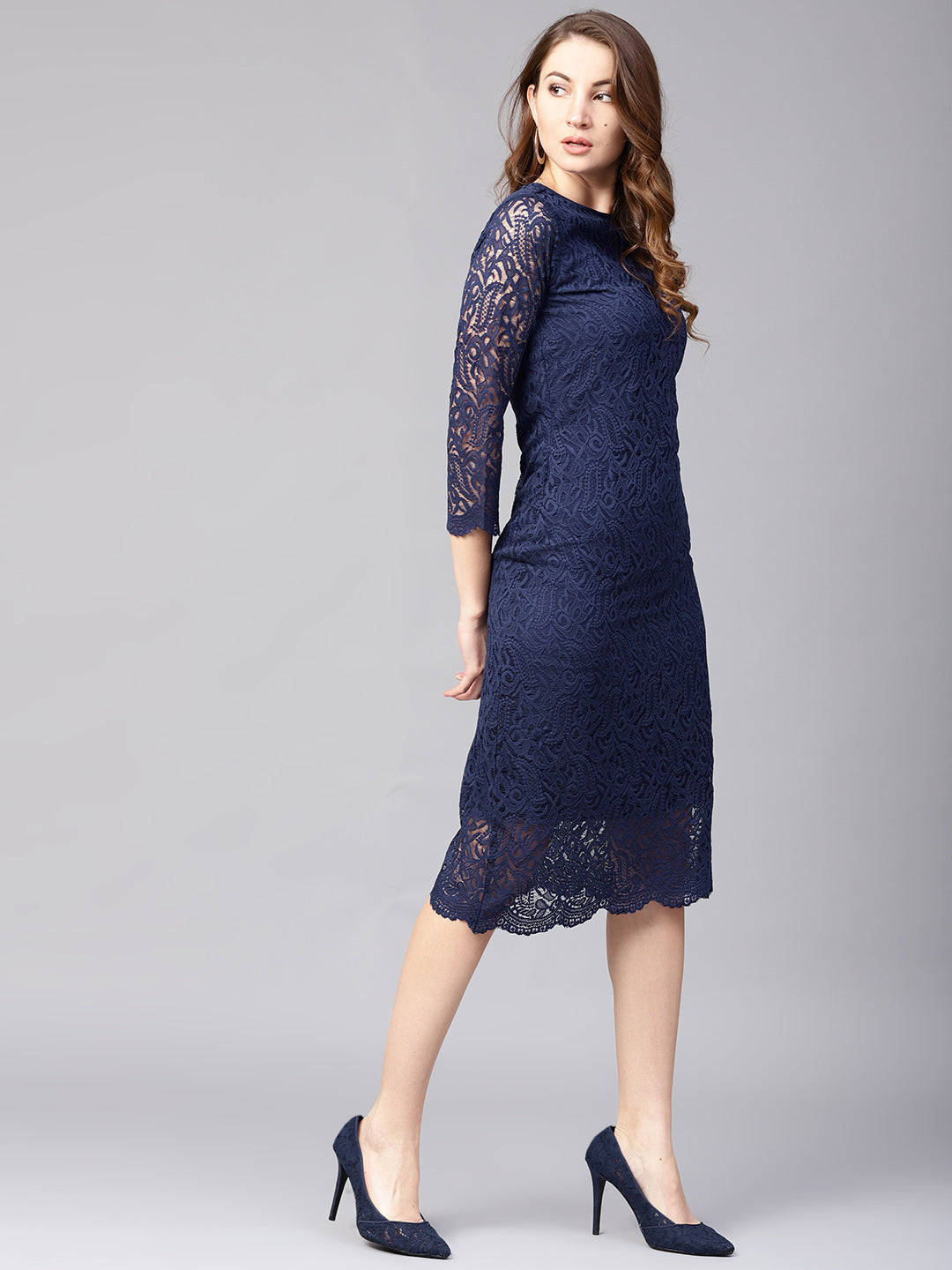 Athena Women Navy Blue Lace Sheath One Piece Dress - Athena Lifestyle