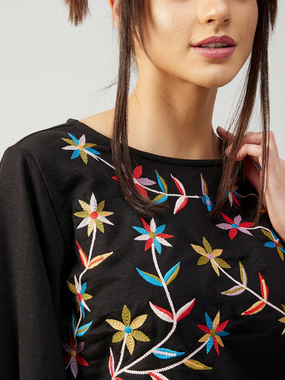 Athena Women Black Embroidered Fleece Sweatshirt - Athena Lifestyle