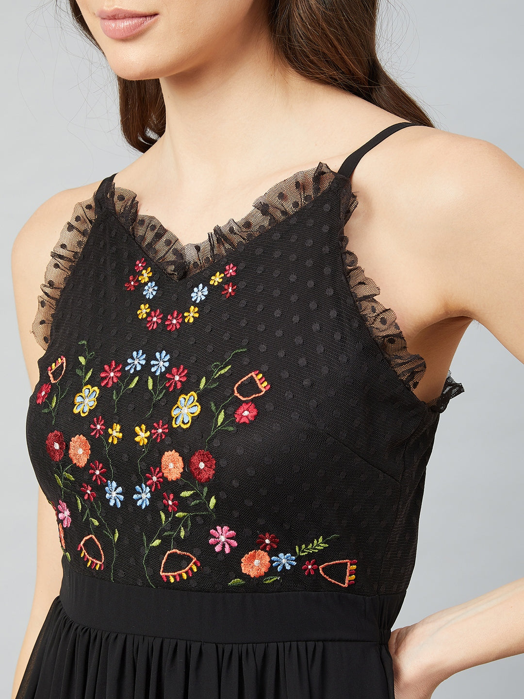 Athena Black Floral Embroidered Shoulder Straps Georgette Fit and Flare Dress - Athena Lifestyle