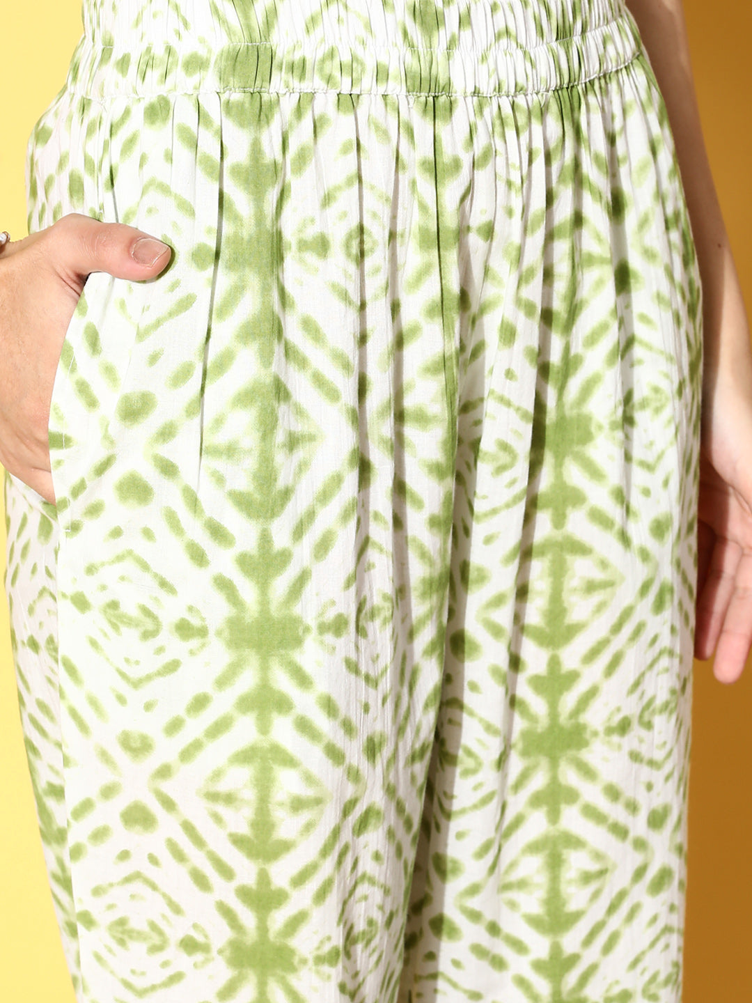 Athena Women Green & White Bandhani Print Pure Cotton Wrap Tunic with Trousers - Athena Lifestyle