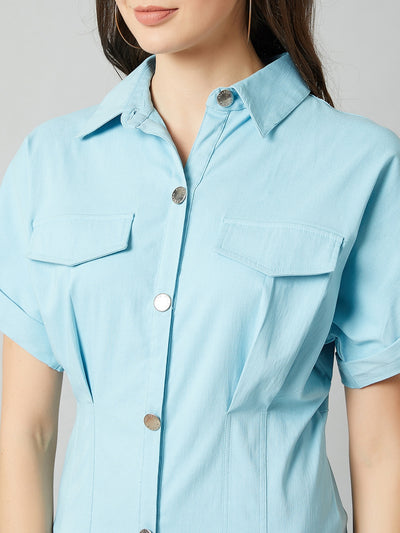 Athena Women Blue Solid Shirt Dress With Frayed Hem - Athena Lifestyle