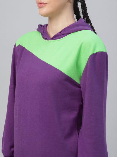 Athena Women Purple & Fluorescent Green Colourblocked Hooded Sweatshirt - Athena Lifestyle