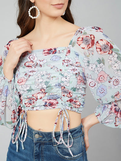 Athena Sea Green Floral Printed Puff Sleeves Georgette Fitted Crop Top - Athena Lifestyle