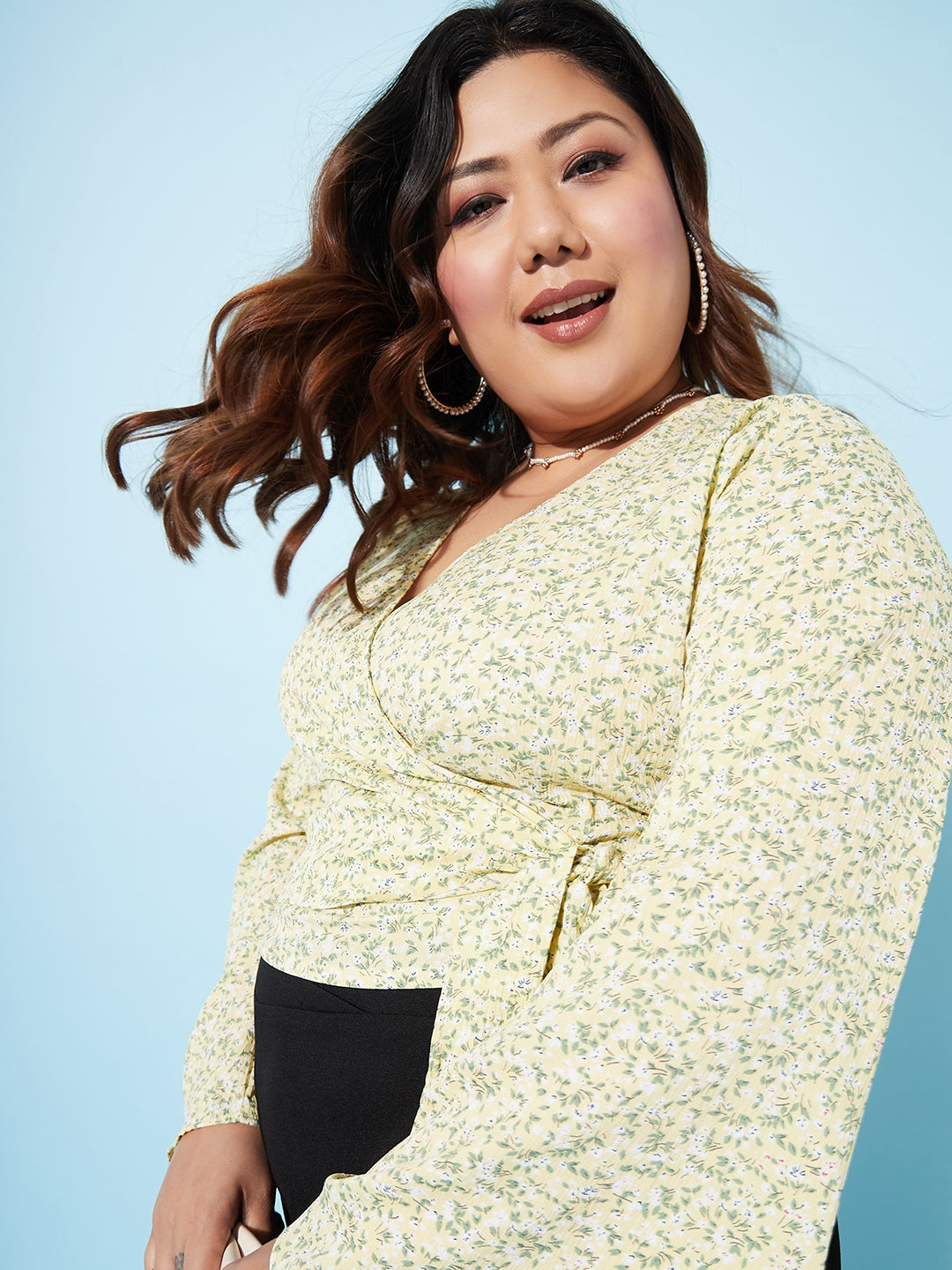 Athena Ample Plus Size Floral Printed Bell Sleeves Wrap Top - Athena Lifestyle