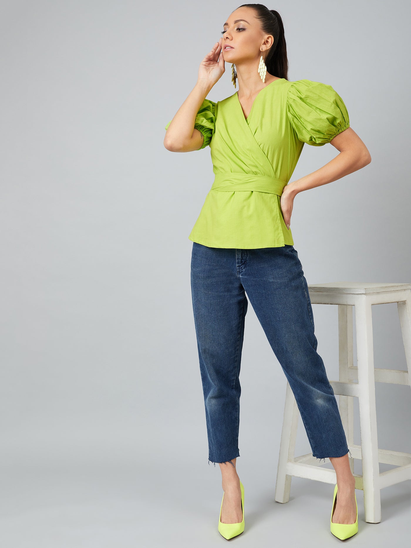 Athena Lime Green Knotted Wrap Top With Puffed Sleeves - Athena Lifestyle