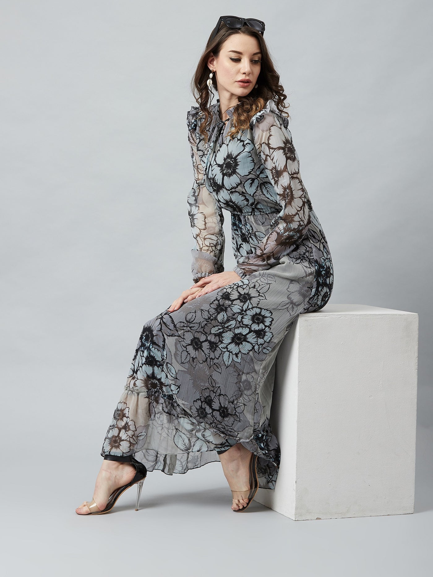 Athena Grey & Black Floral Printed Maxi Dress - Athena Lifestyle