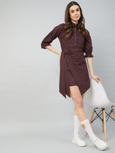 Athena Women Brown Cotton Wrap Dress with Front Pocket Detail - Athena Lifestyle