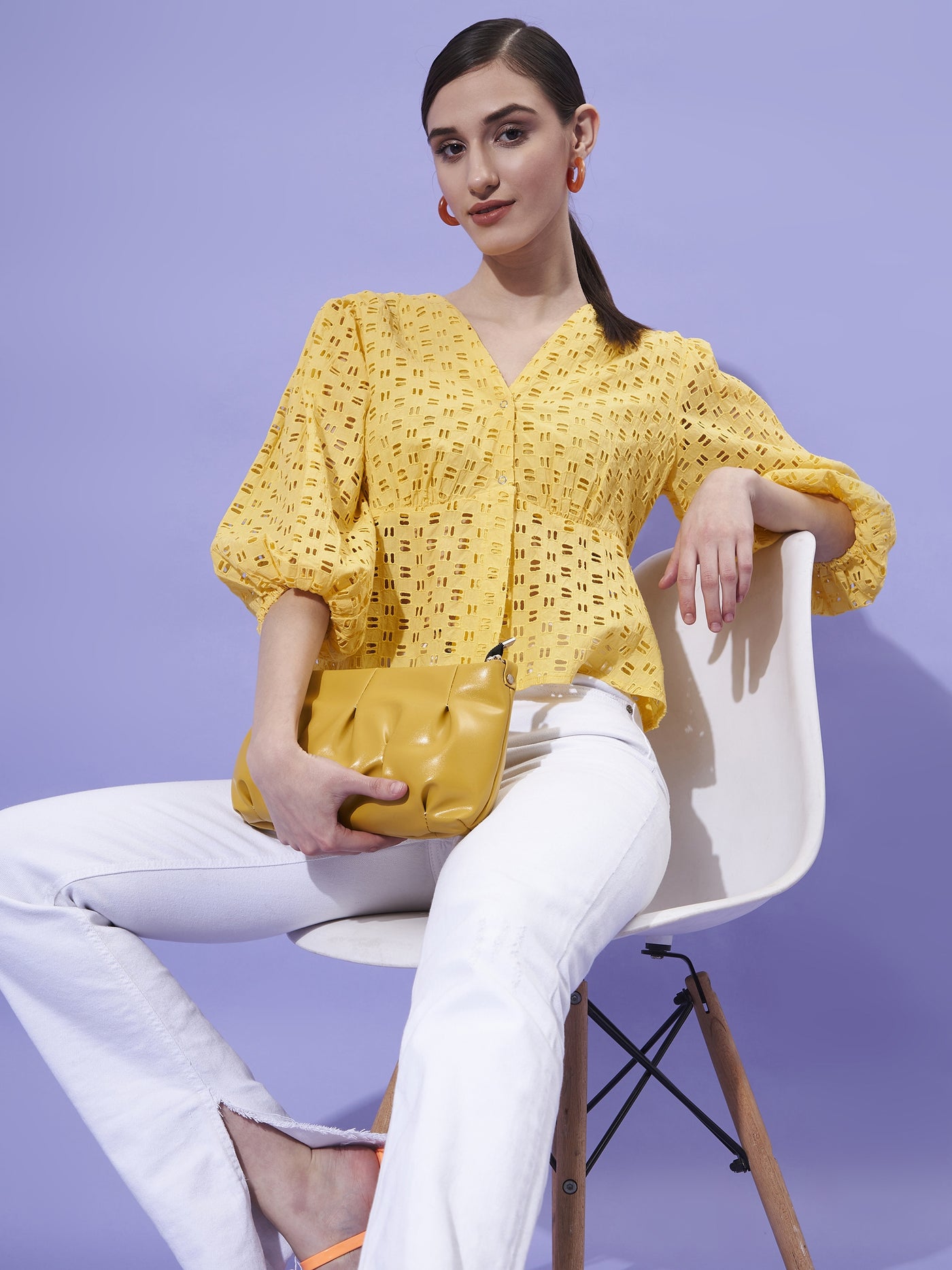Athena Schiffli Self Design V-Neck Puff Sleeves Empire Top - Athena Lifestyle