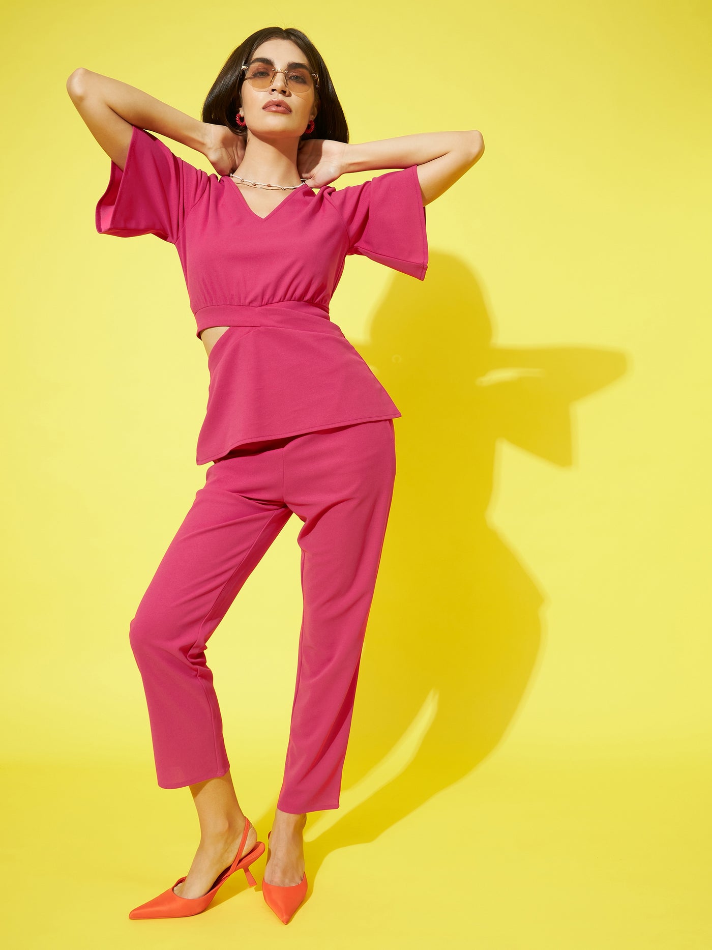 Athena Women Pink Solid V-Neck Top and Trousers - Athena Lifestyle