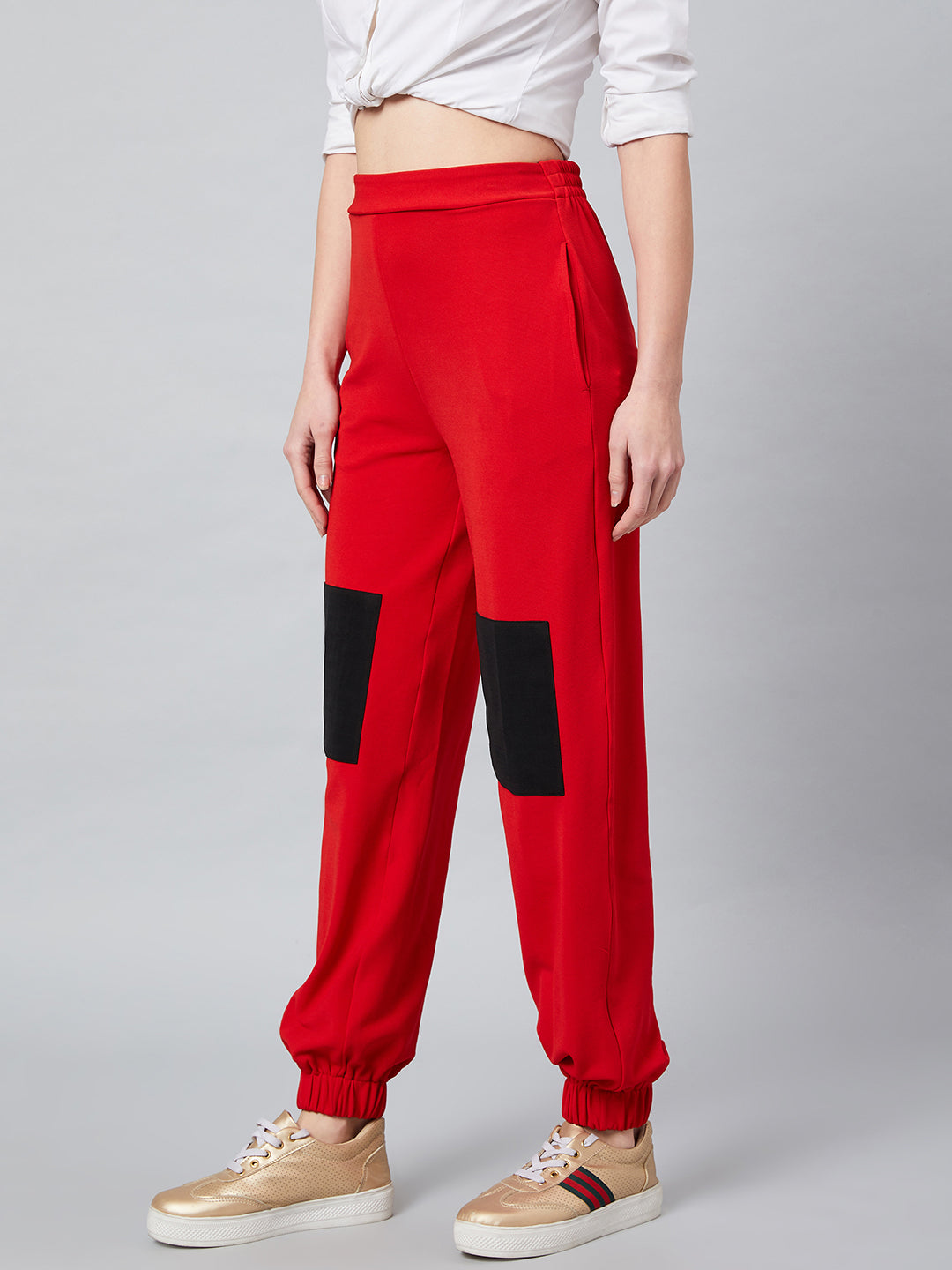 Athena Women Red & Black Loose Fit Solid Joggers - Athena Lifestyle